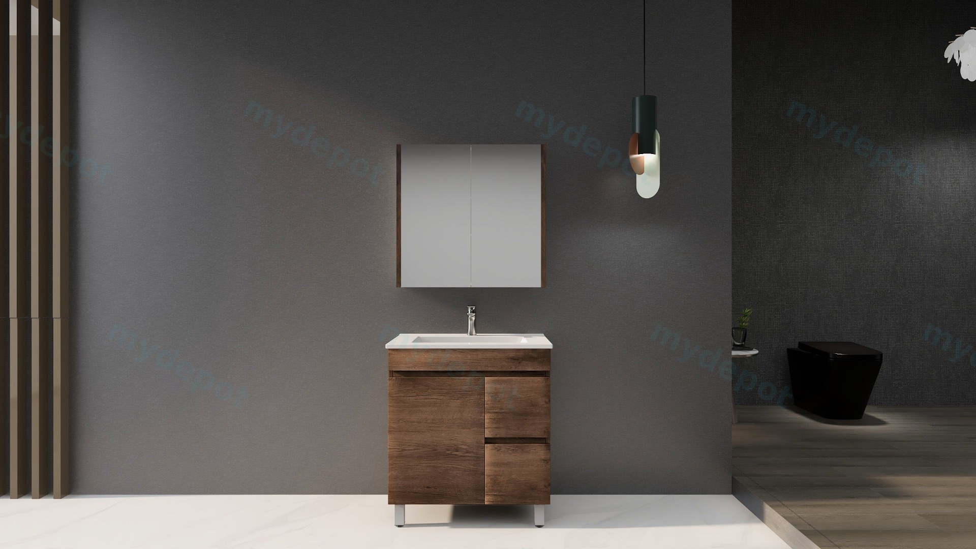 750mm Darl Oak MDF Freestanding Bathroom Vanity Cabinet Only Right Drawer PVC Vacuum Filmed view 3