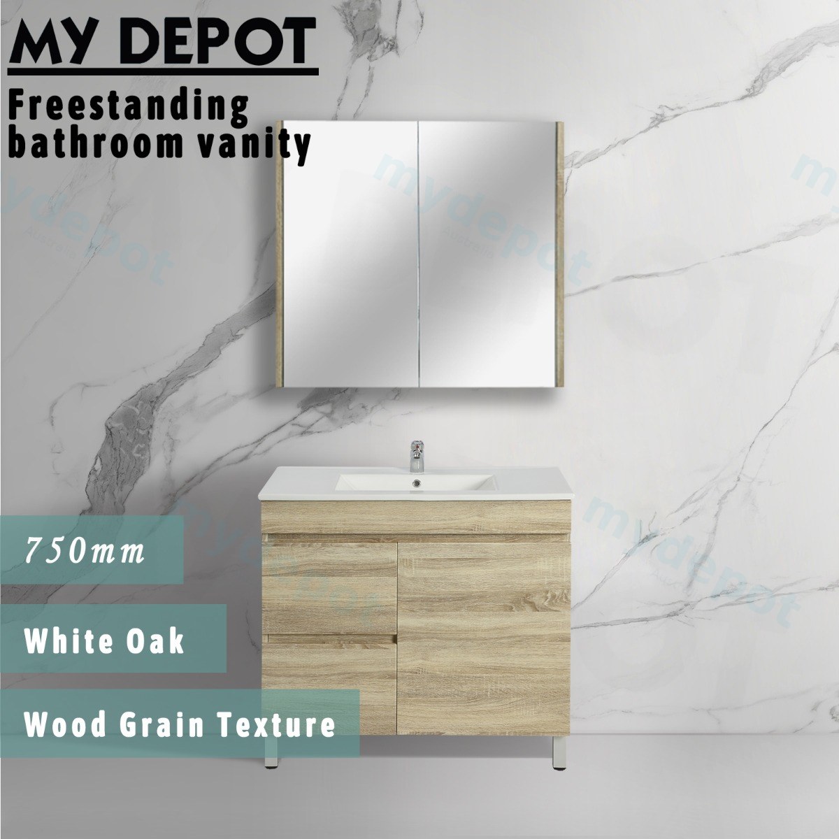 750mm White Oak MDF Freestanding Bathroom Vanity Cabinet Only Left Drawer PVC Vacuum Filmed view 3