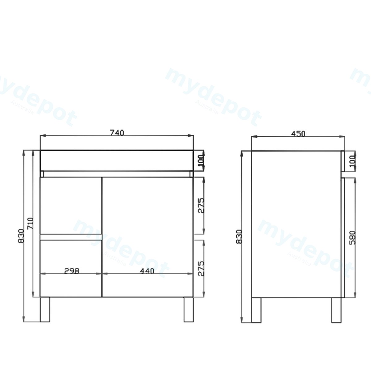 750mm Dark Grey MDF Freestanding Bathroom Vanity Cabinet Only Left Drawer PVC Vacuum Filmed view 3