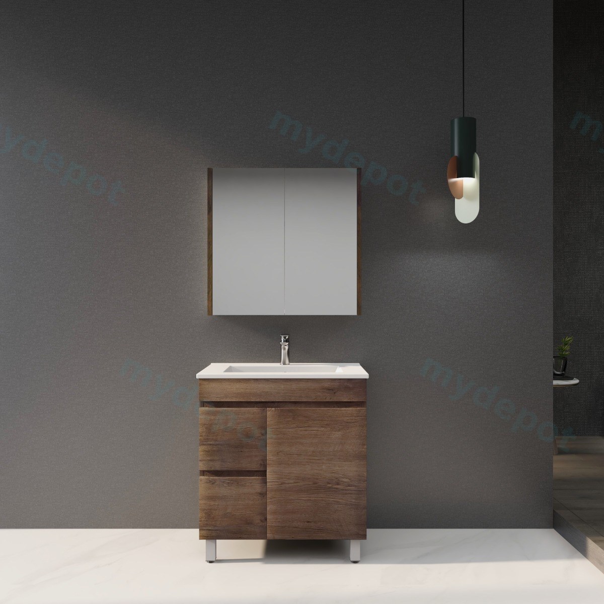 750mm Darl Oak MDF Freestanding Bathroom Vanity Cabinet Only Left Drawer PVC Vacuum Filmed view 3