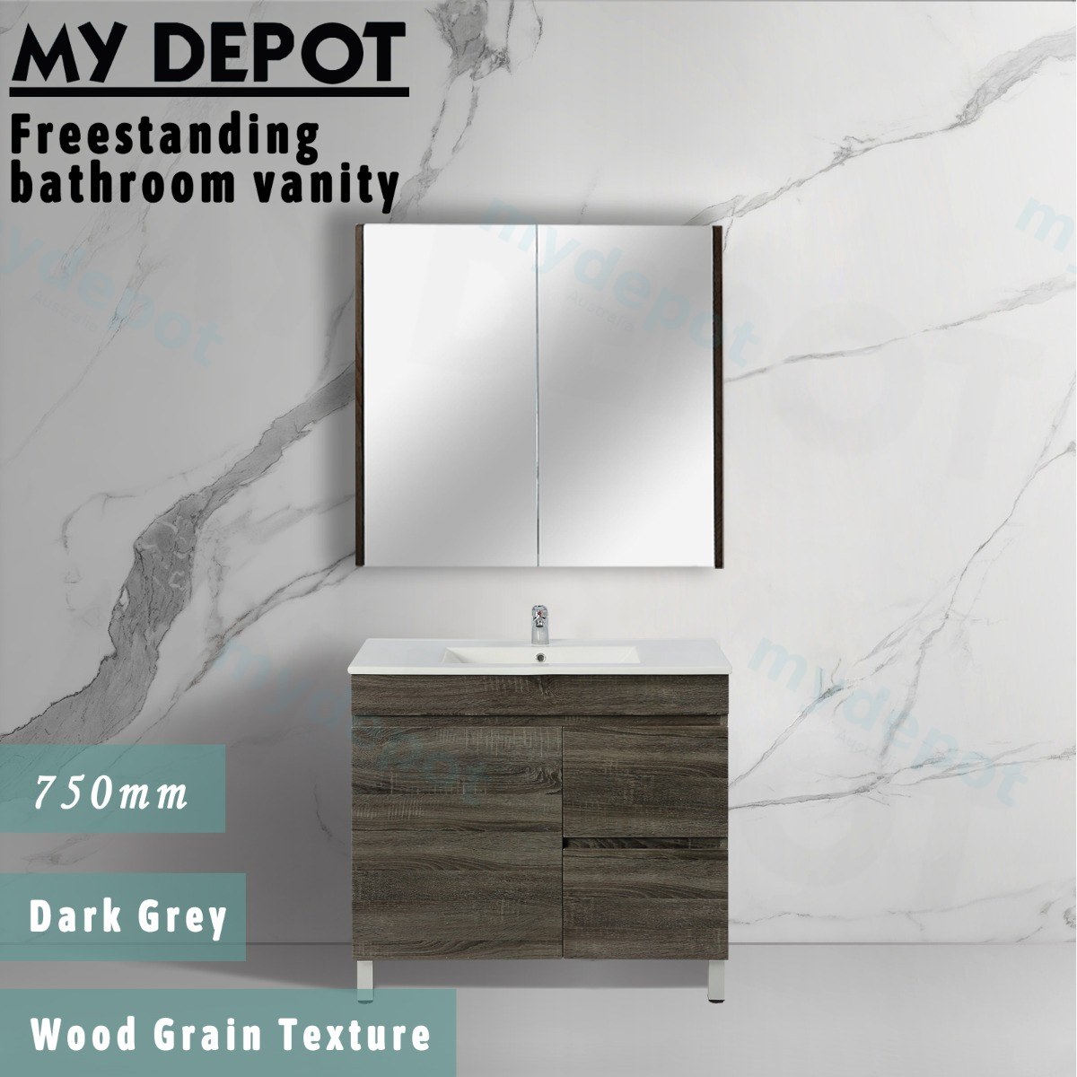 750mm Slim Dark Grey MDF Freestanding Bathroom Vanity Cabinet Only Right Drawer PVC Vacuum Filmed view 2
