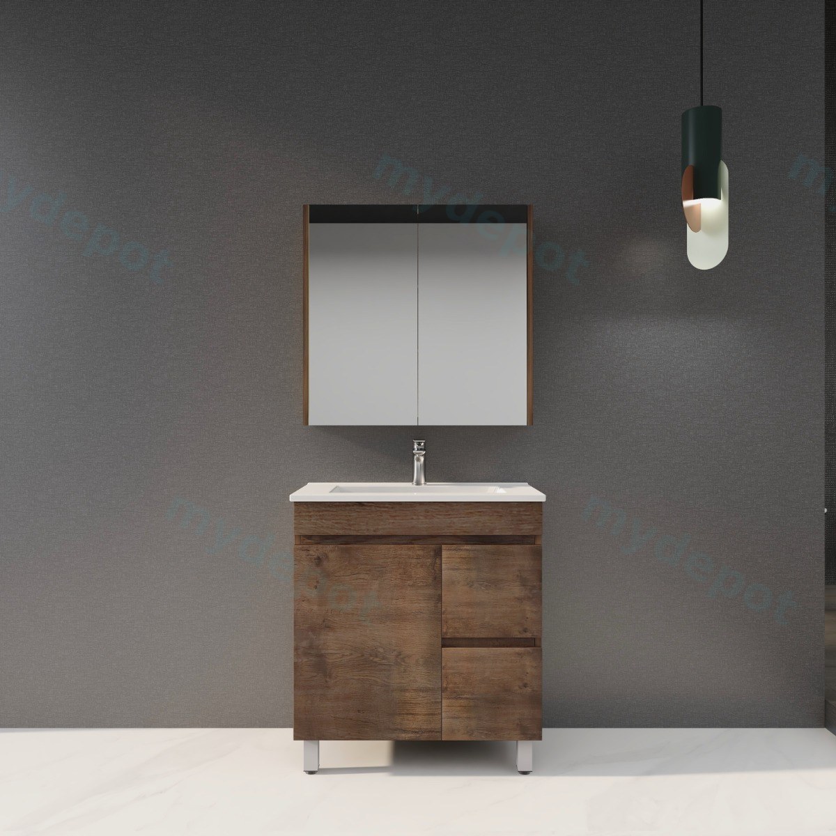 750mm Slim Dark Oak MDF Freestanding Bathroom Vanity Cabinet Only Right Drawer PVC Vacuum Filmed view 3