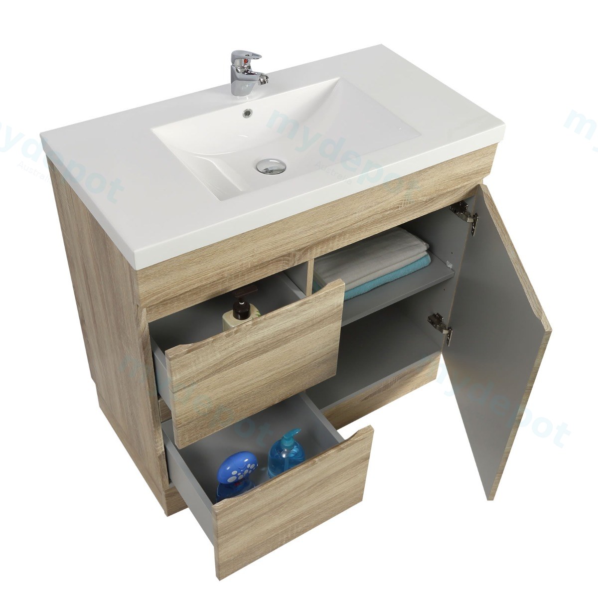 750mm Slim White Oak MDF Freestanding Bathroom Vanity Cabinet Only Left Drawer PVC Vacuum Filmed view 3