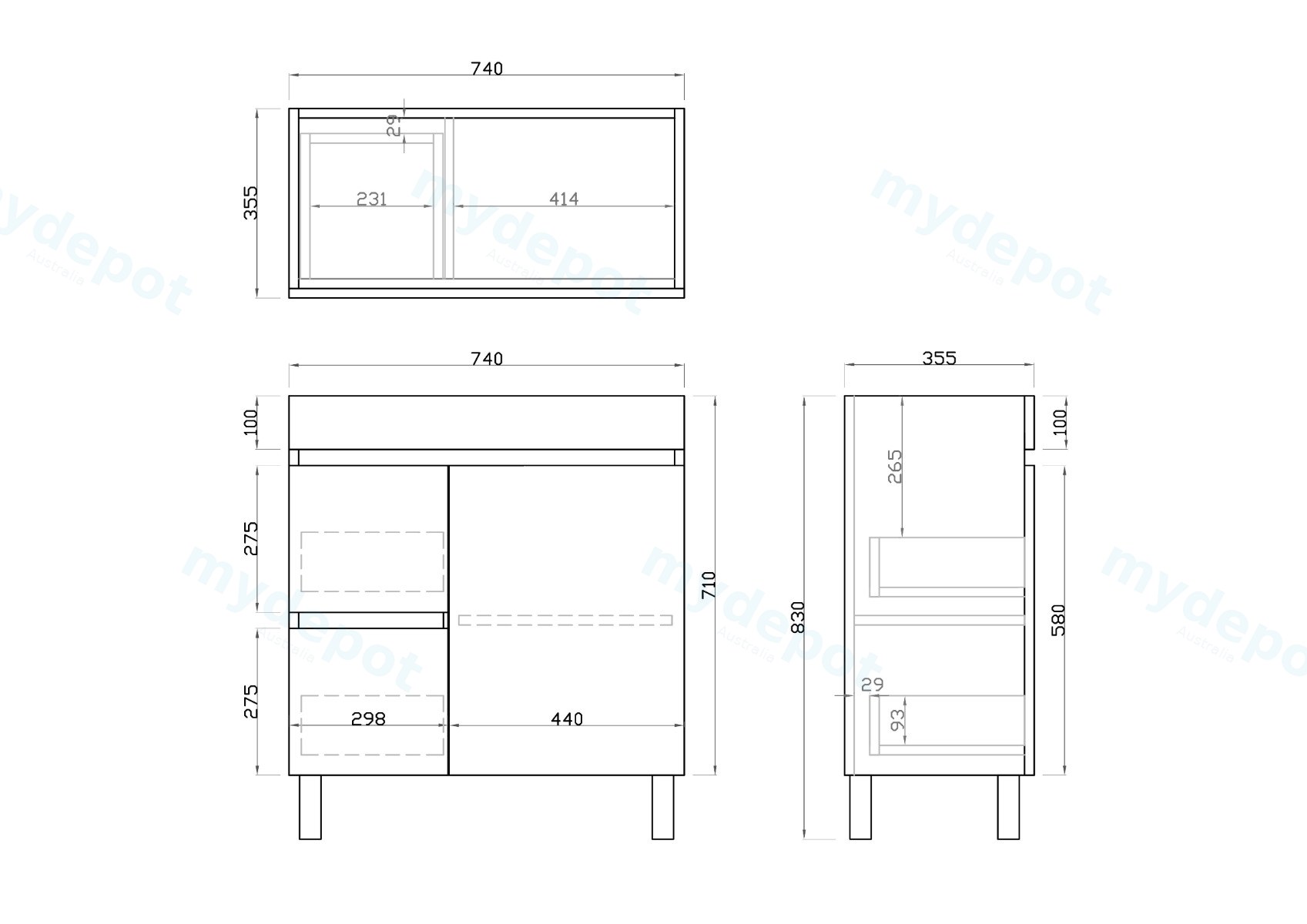 750mm Slim Dark Oak MDF Freestanding Bathroom Vanity Cabinet Only Left Drawer PVC Vacuum Filmed view 2