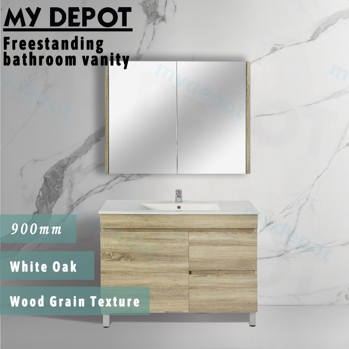 900mm White Oak MDF Freestanding Bathroom Vanity Cabinet Only Right Drawer PVC Vacuum Filmed view 3