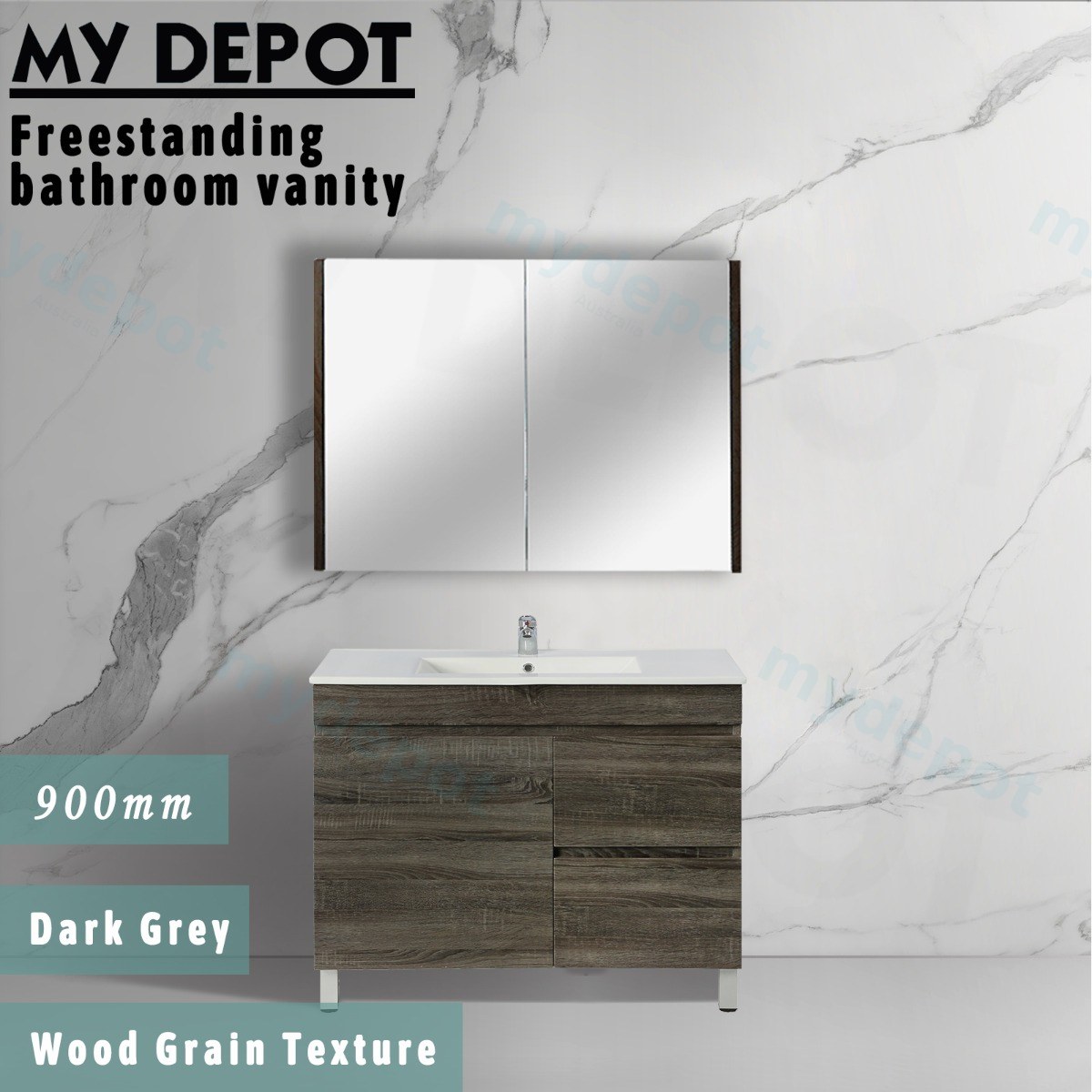 900mm Dark Grey MDF Freestanding Bathroom Vanity Cabinet Only Left Drawer PVC Vacuum Filmed view 3
