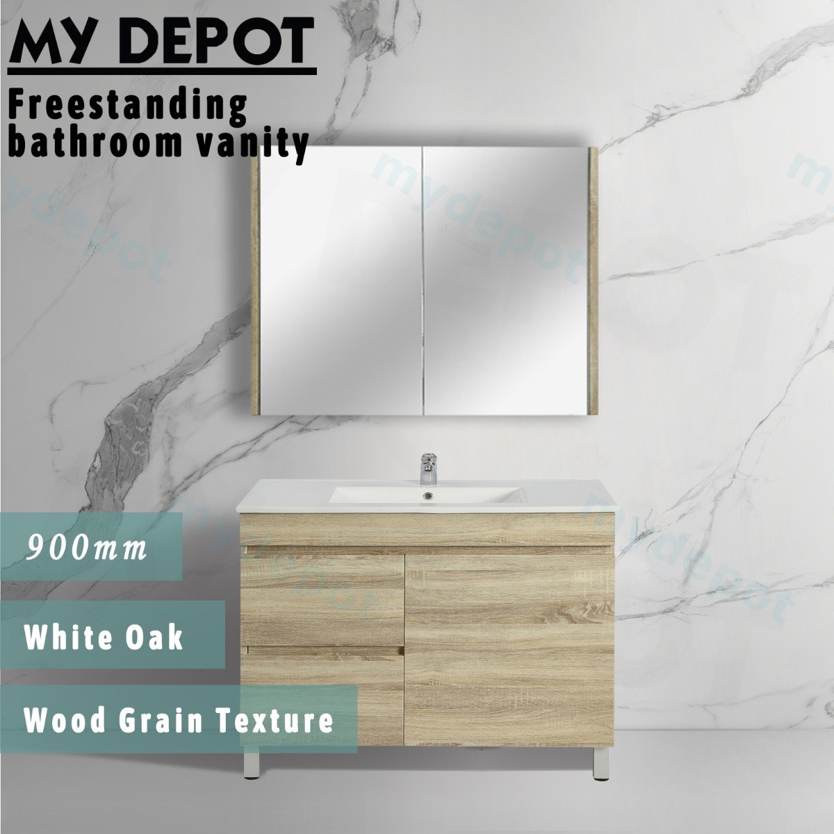 900mm White Oak MDF Freestanding Bathroom Vanity Cabinet Only Left Drawer PVC Vacuum Filmed view 3