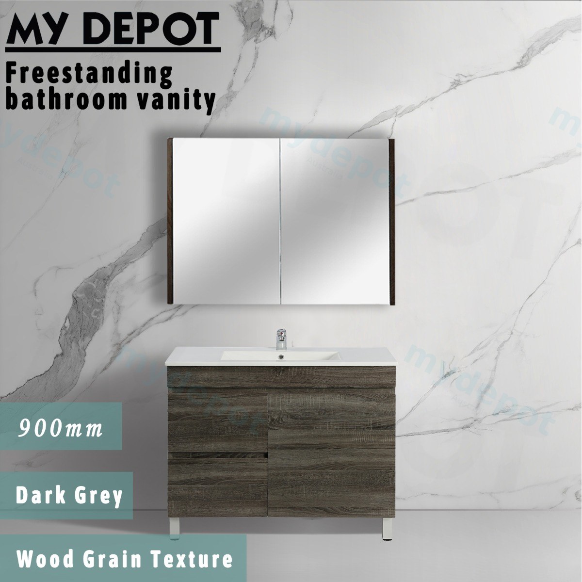 900mm Dark Grey MDF Freestanding Bathroom Vanity Cabinet Only Right Drawer PVC Vacuum Filmed view 3