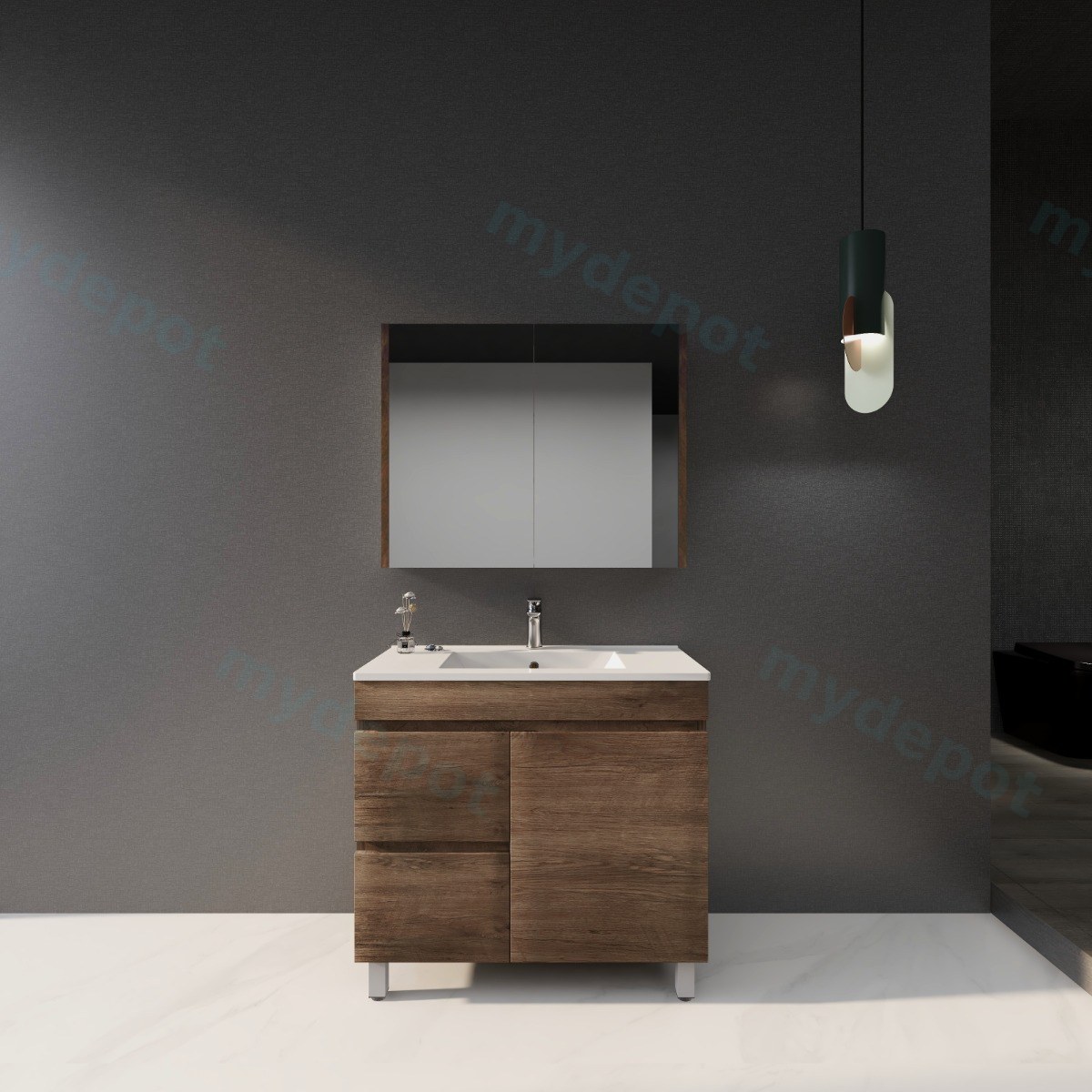 900mm Dark Oak MDF Freestanding Bathroom Vanity Cabinet Only Right Drawer PVC Vacuum Filmed view 3