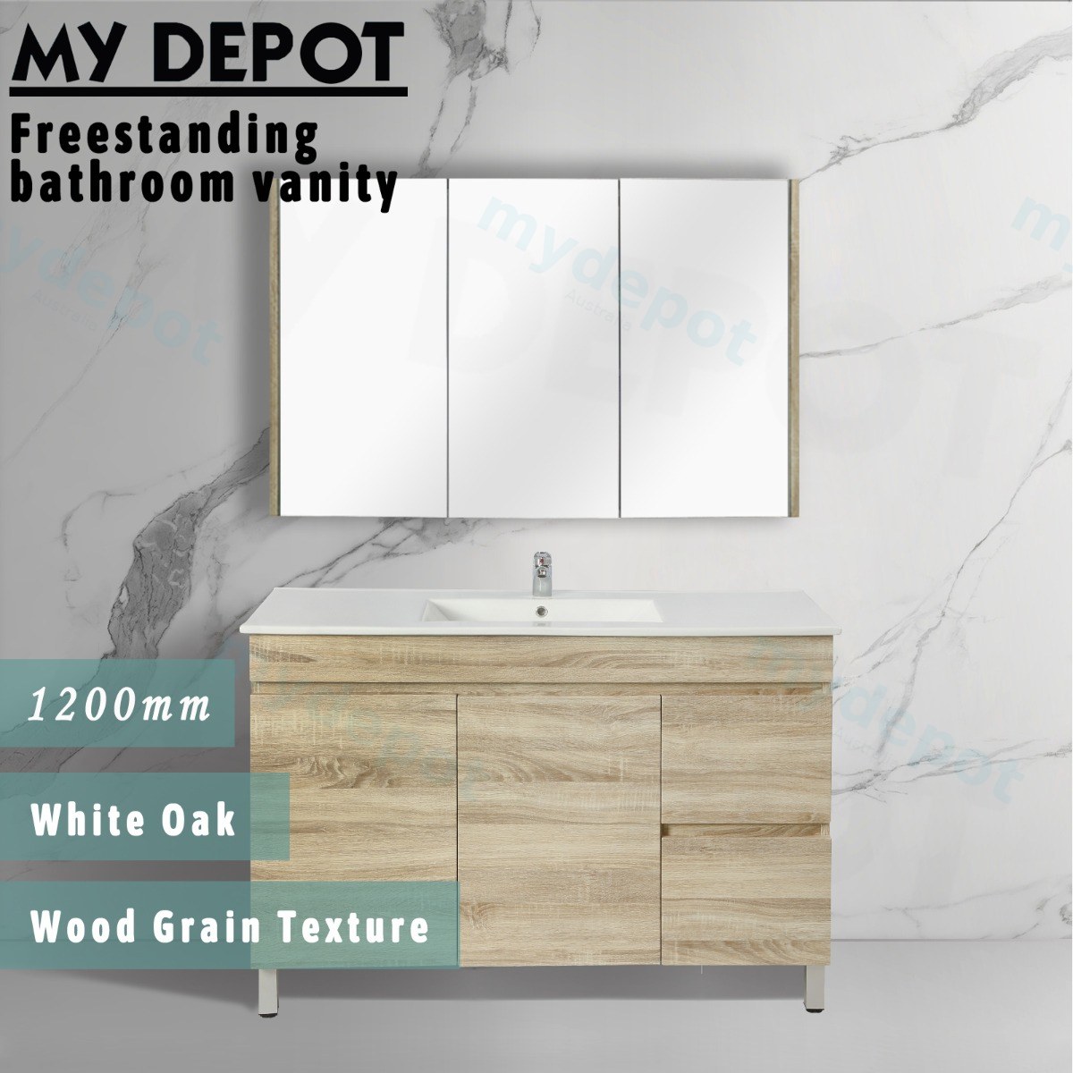 1200mm White Oak MDF Freestanding Bathroom Vanity Cabinet Only Right Drawer PVC Vacuum Filmed view 3