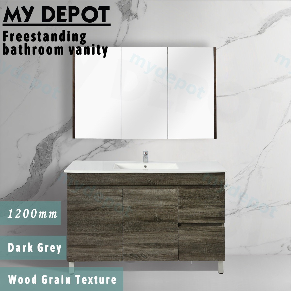 1200mm Dark Grey MDF Freestanding Bathroom Vanity Cabinet Only Right Drawer PVC Vacuum Filmed view 3