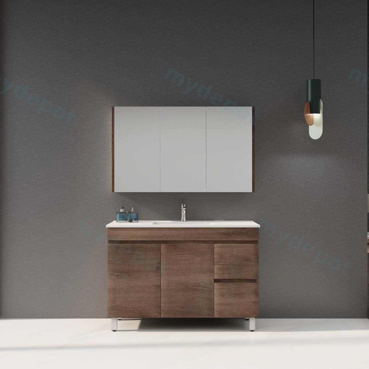 1200mm Dark Oak MDF Freestanding Bathroom Vanity Cabinet Only Right Drawer PVC Vacuum Filmed view 3