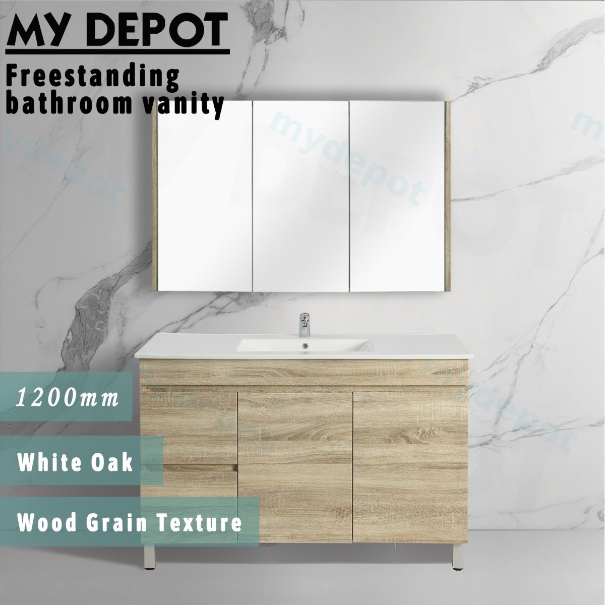 1200mm White Oak MDF Freestanding Bathroom Vanity Cabinet Only Left Drawer PVC Vacuum Filmed view 3
