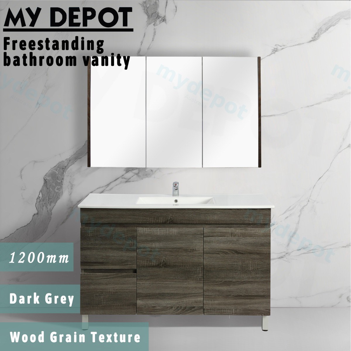 1200mm Dark Grey MDF Freestanding Bathroom Vanity Cabinet Only Left Drawer PVC Vacuum Filmed view 3