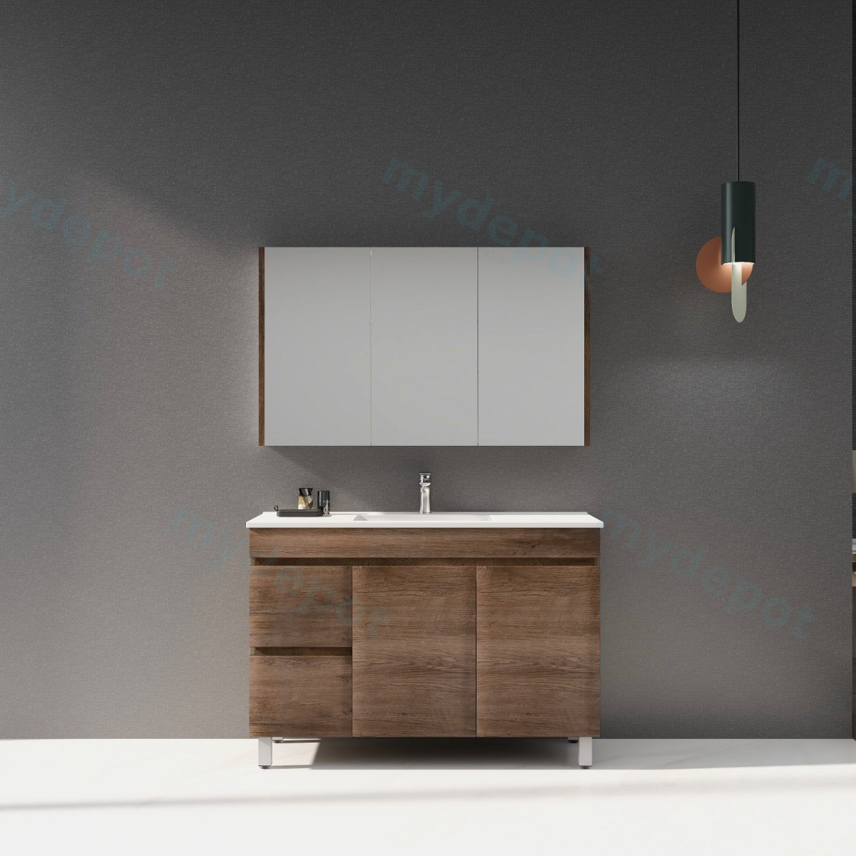 1200mm Dark Oak MDF Freestanding Bathroom Vanity Cabinet Only Left Drawer PVC Vacuum Filmed view 3
