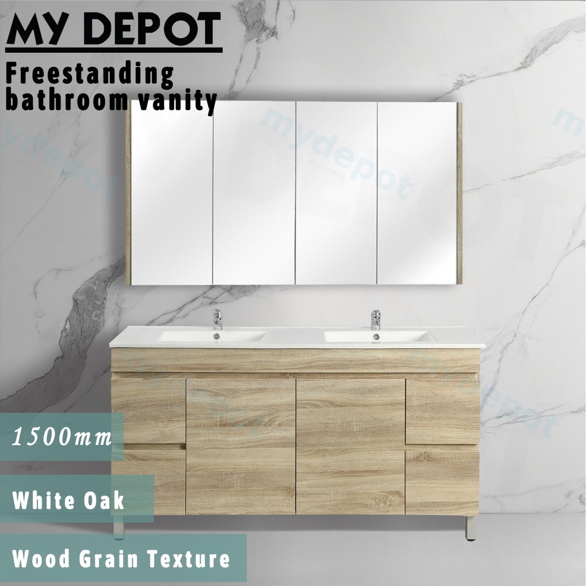 1500mm White Oak MDF Freestanding Bathroom Vanity Cabinet Only PVC Vacuum Filmed view 3