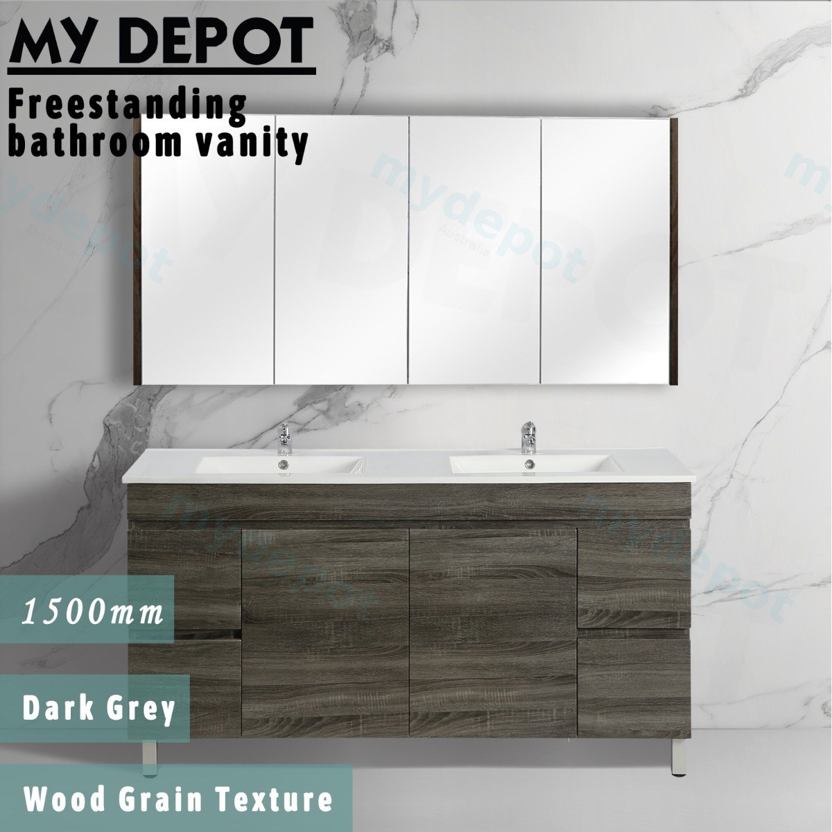 1500mm Dark Grey MDF Freestanding Bathroom Vanity Cabinet Only PVC Vacuum Filmed view 3