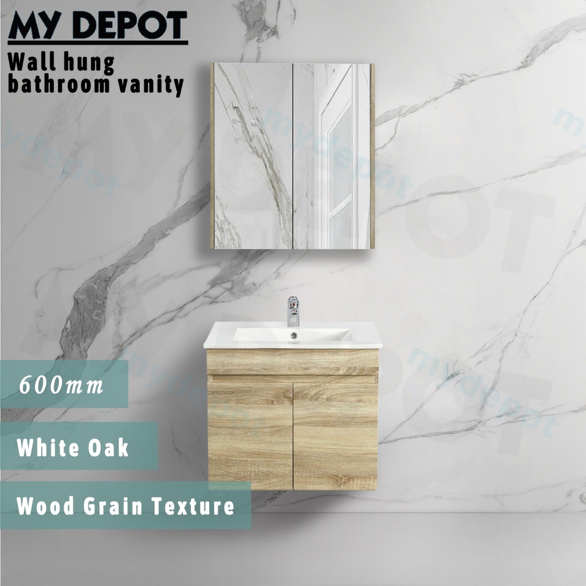 600mm White Oak MDF Wall Hung Bathroom Vanity Cabinet Only 2 Doors view 3