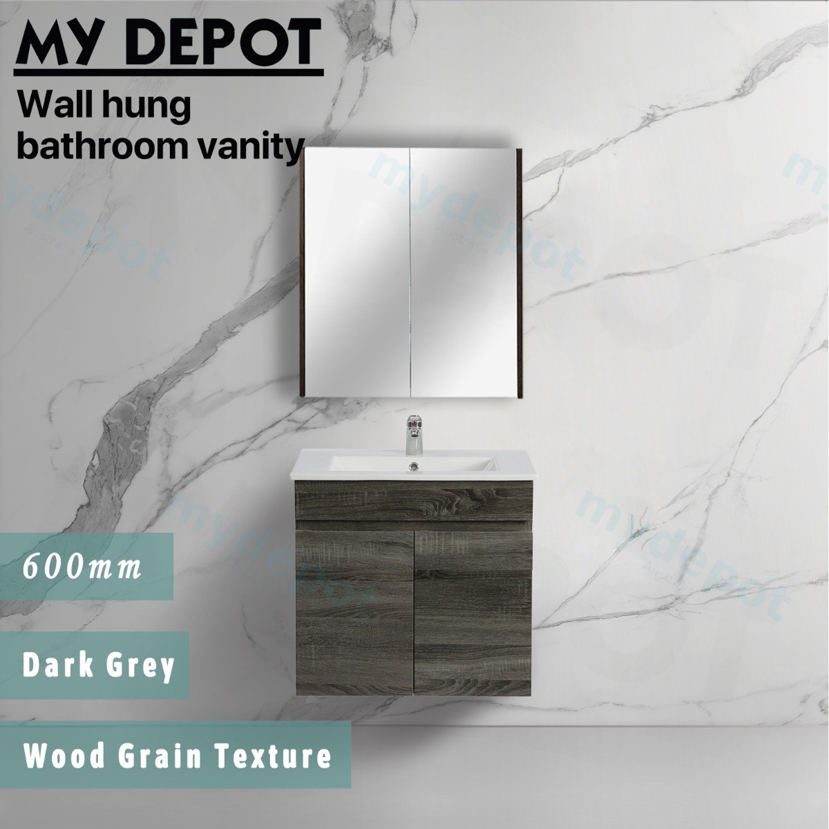 600mm Dark Grey MDF Wall Hung Bathroom Vanity Cabinet Only 2 Doors view 2