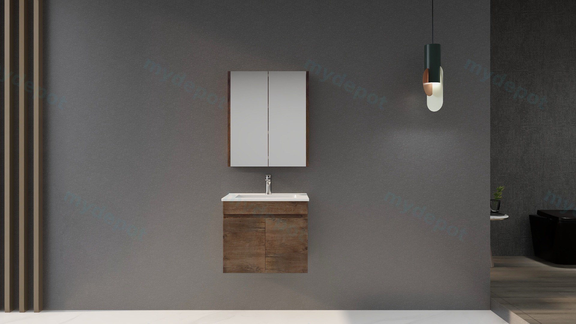 600mm Dark Oak MDF Wall Hung Bathroom Vanity Cabinet Only 2 Doors view 3