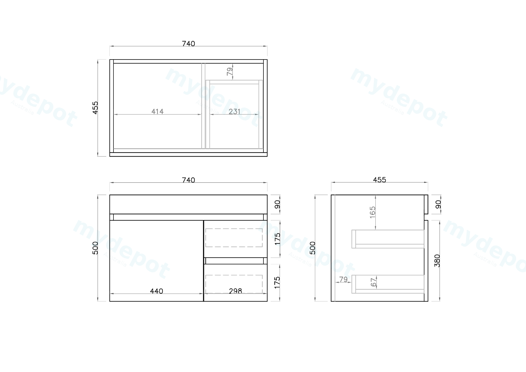 750mm White Oak MDF Wall Hung Bathroom Vanity Cabinet Only Right Drawer PVC Vacuum Filmed view 2