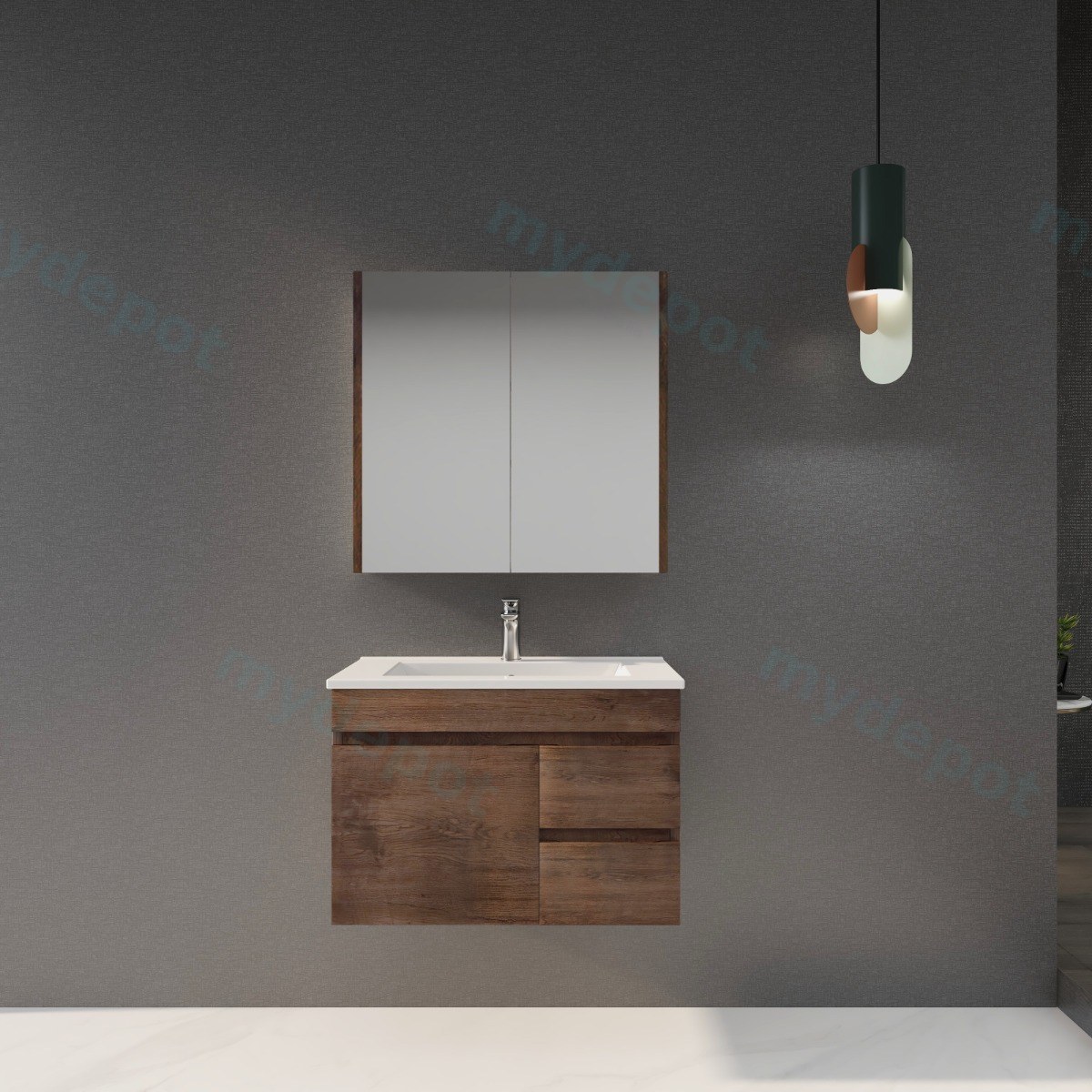 750mm Dark Oak MDF Wall Hung Bathroom Vanity Cabinet Only Right Drawer PVC Vacuum Filmed view 7