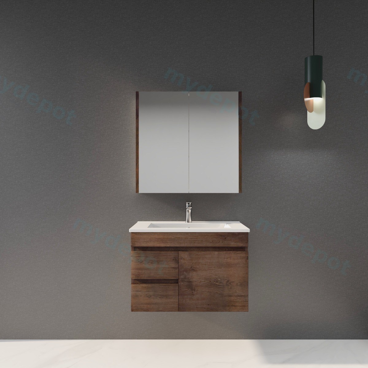 750mm Dark Oak MDF Wall Hung Bathroom Vanity Cabinet Only Left Drawer PVC Vacuum Filmed view 3