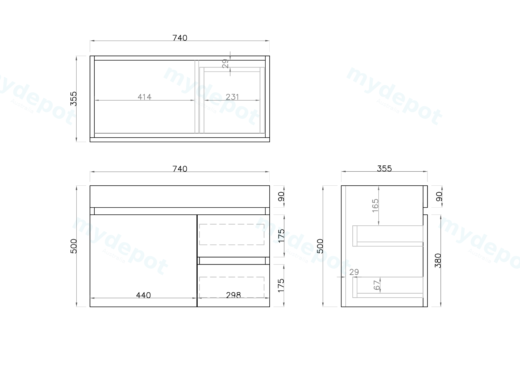750mm Slim Dark Grey MDF Wall Hung Bathroom Vanity Cabinet Only Right Drawer PVC Vacuum Filmed view 3