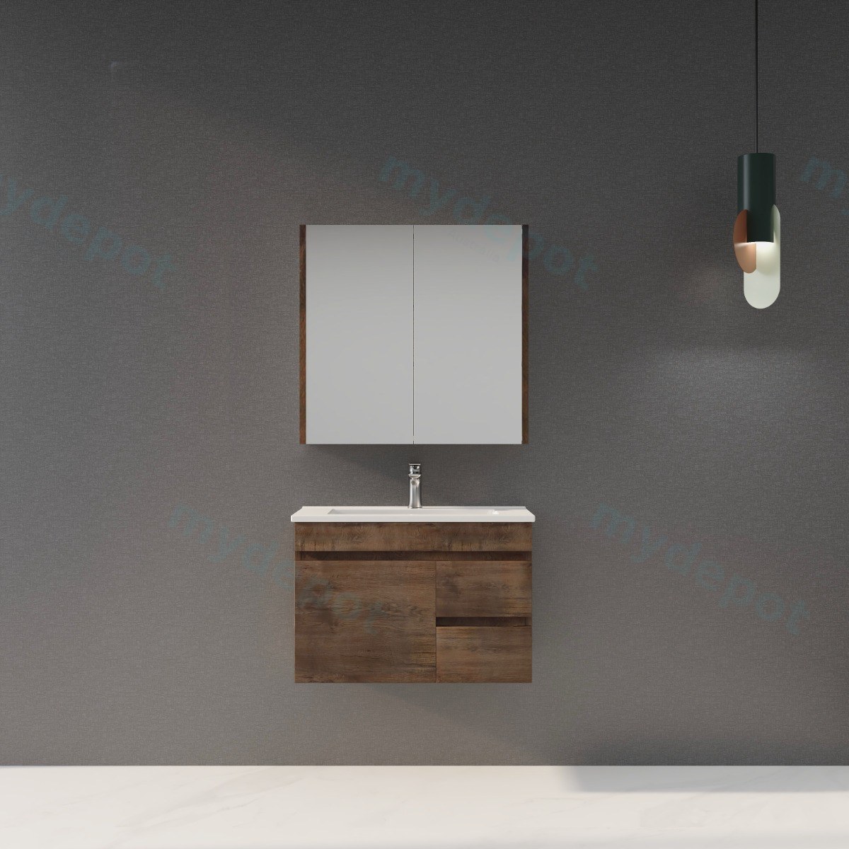 750mm Slim Dark Oak MDF Wall Hung Bathroom Vanity Cabinet Only Right Drawer PVC Vacuum Filmed view 3