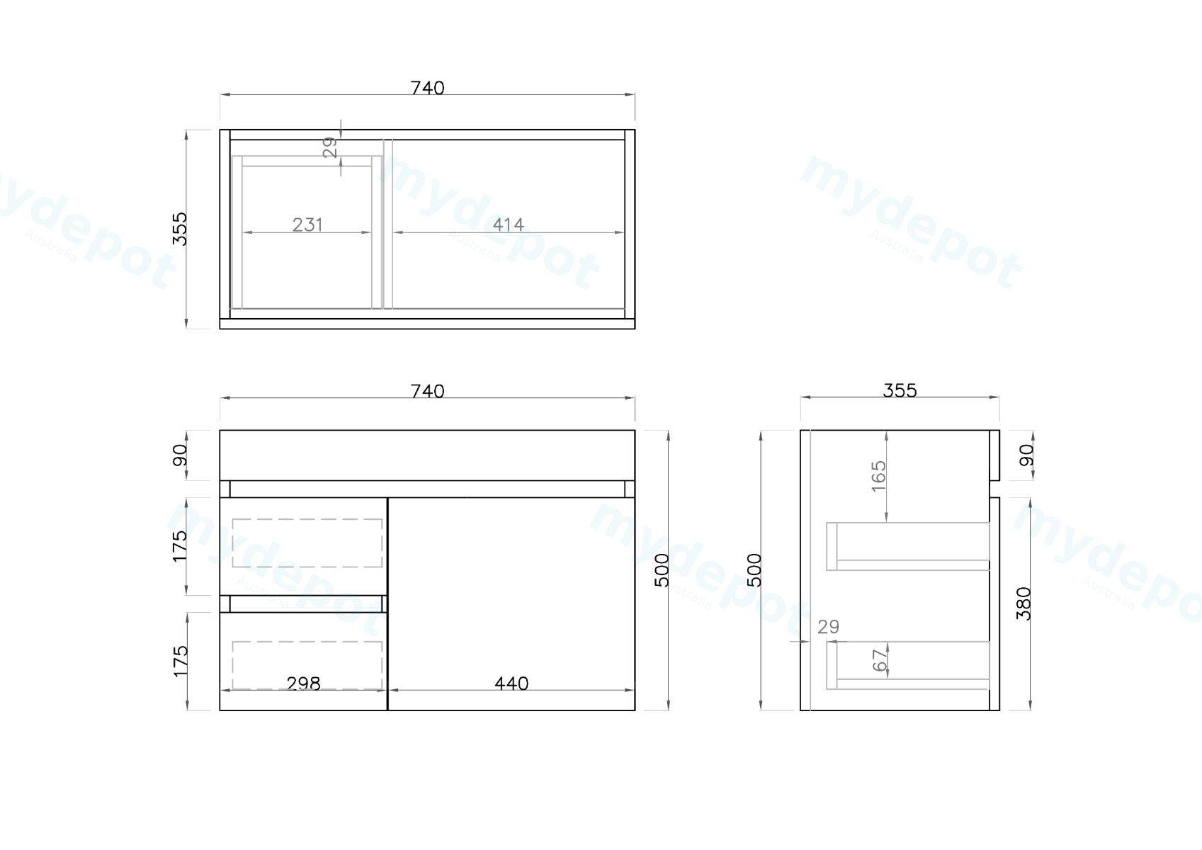 750mm Slim Dark Grey MDF Wall Hung Bathroom Vanity Cabinet Only Left Drawer PVC Vacuum Filmed view 3