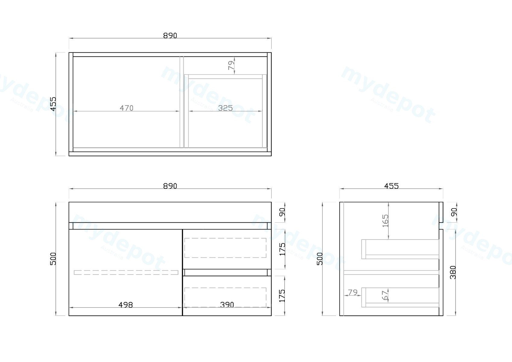 900mm Dark Grey MDF Wall Hung Bathroom Vanity Cabinet Only Left Drawer PVC Vacuum Filmed view 3