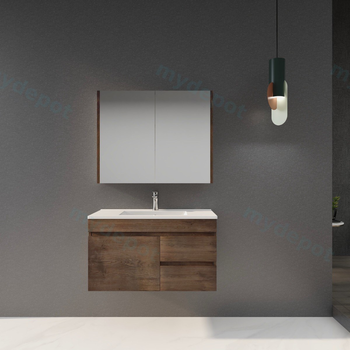 900mm Dark Oak MDF Wall Hung Bathroom Vanity Cabinet Only Left Drawer PVC Vacuum Filmed view 3