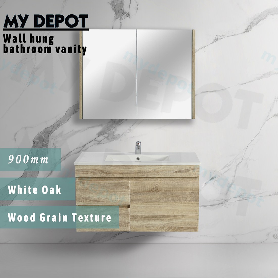 900mm White Oak MDF Wall Hung Bathroom Vanity Cabinet Only Right Drawer PVC Vacuum Filmed view 3