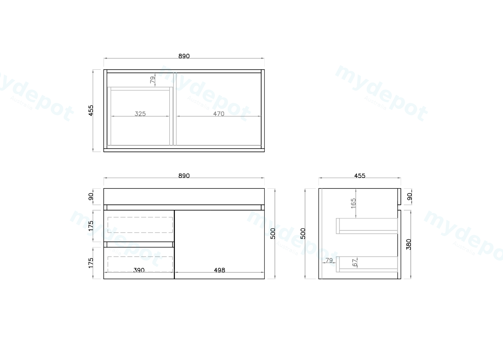 900mm Dark Grey MDF Wall Hung Bathroom Vanity Cabinet Only Right Drawer PVC Vacuum Filmed view 3