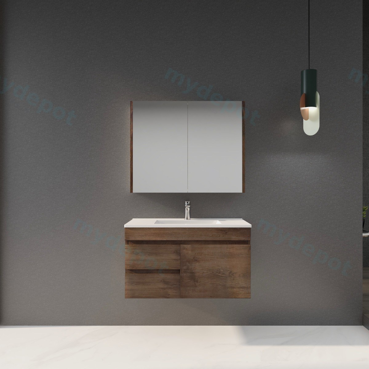 900mm Dark Oak MDF Wall Hung Bathroom Vanity Cabinet Only Right Drawer PVC Vacuum Filmed view 3