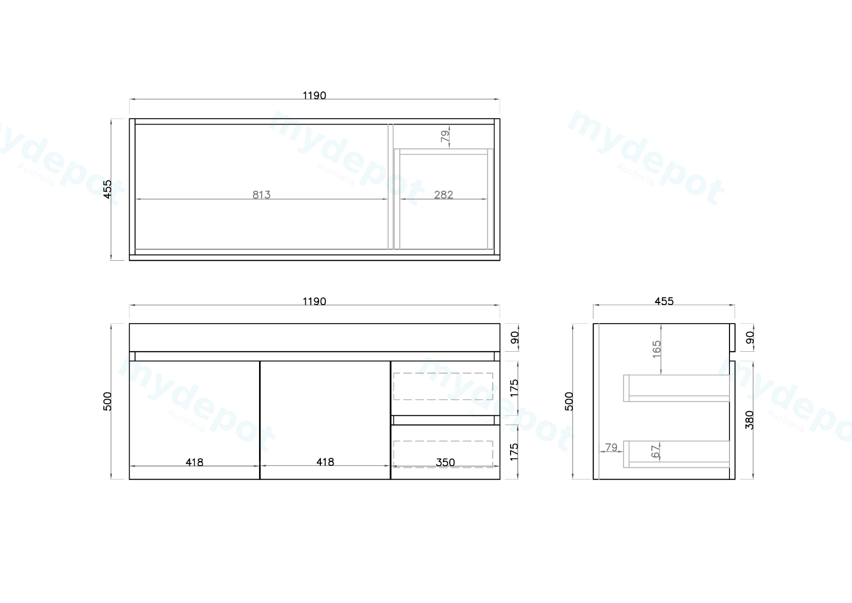 1200mm Dark Grey MDF Wall Hung Bathroom Vanity Cabinet Only Right Drawer PVC Vacuum Filmed view 3