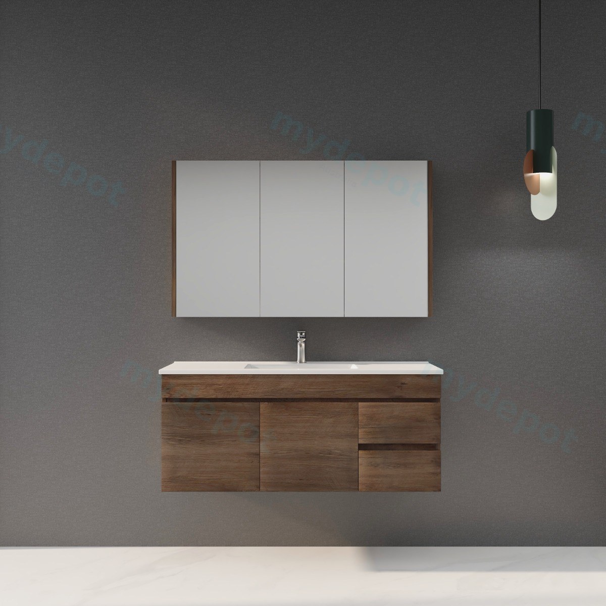 1200mm Dark Oak MDF Wall Hung Bathroom Vanity Cabinet Only Right Drawer PVC Vacuum Filmed view 3