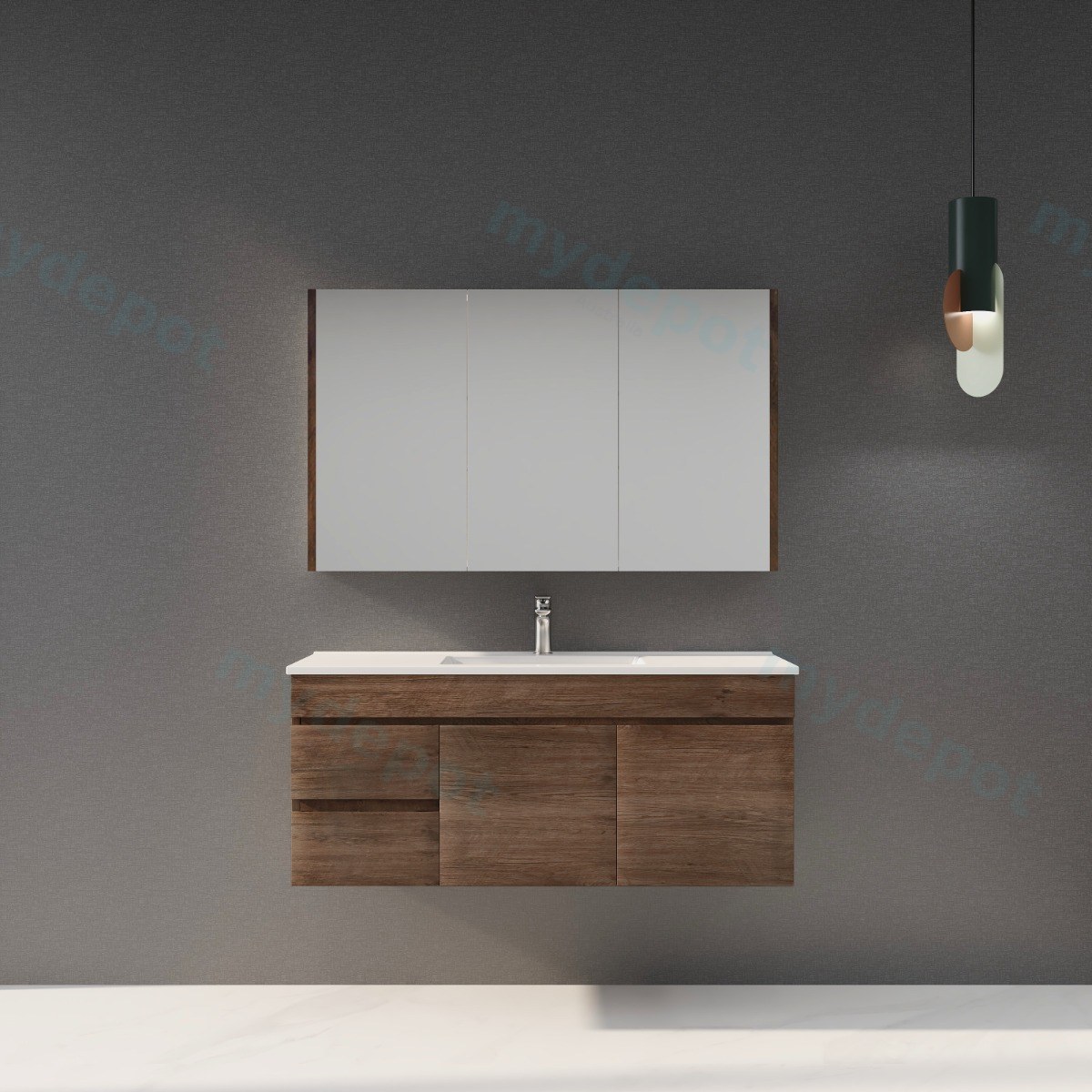 1200mm Dark Oak MDF Wall Hung Bathroom Vanity Cabinet Only Left Drawer PVC Vacuum Filmed view 3