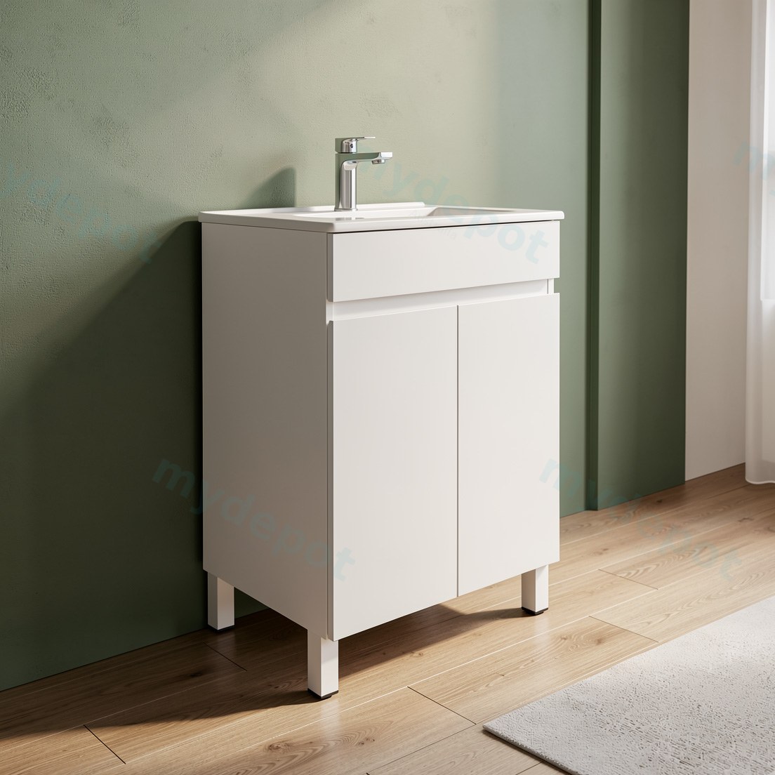 600mm Gloss White MDF 2 Doors Freestanding Bathroom Vanity Cabinet Only view 2