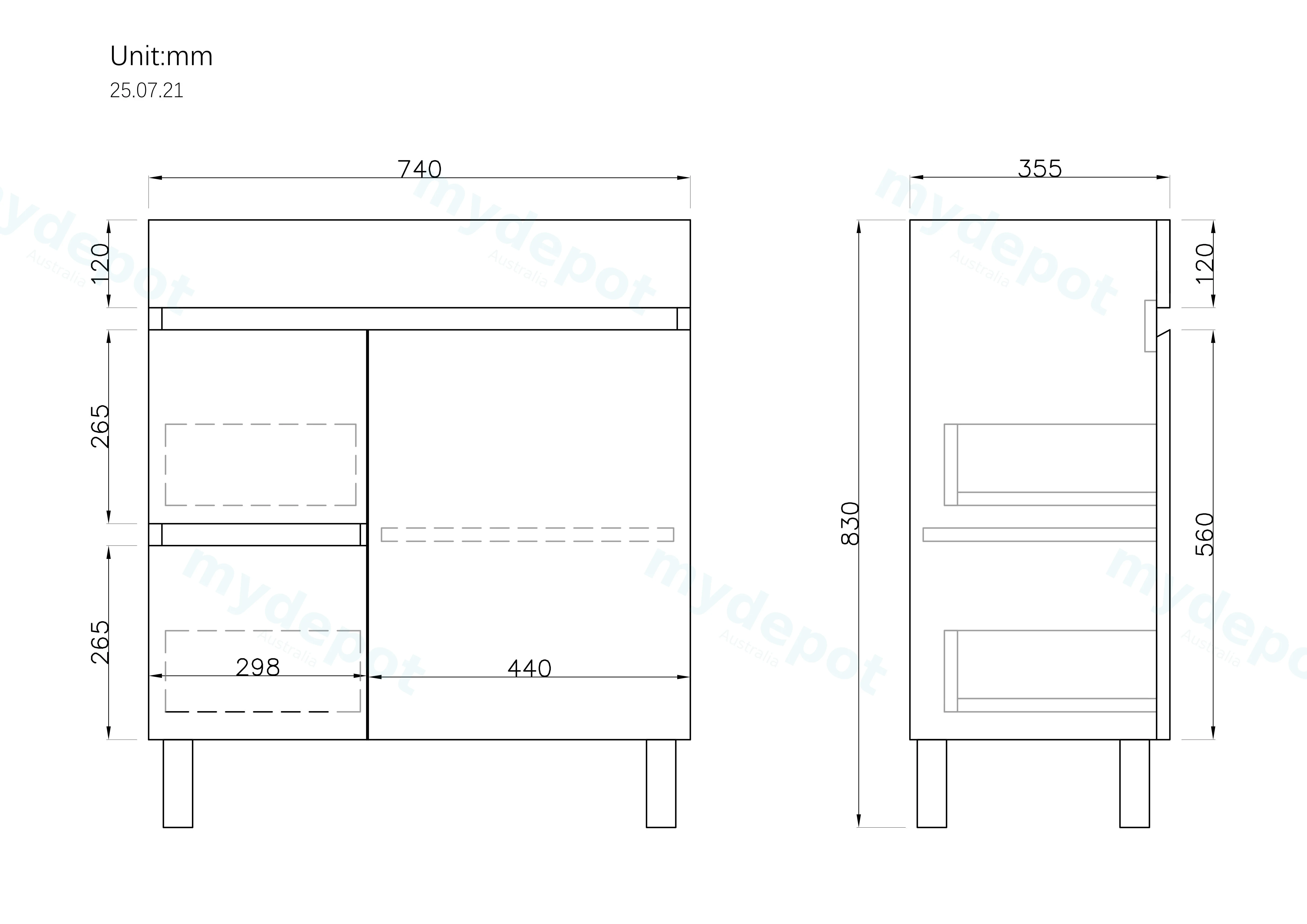 750mm Narrow Gloss White MDF 2 Left Drawers 1 Right Door Freestanding Bathroom Vanity Cabinet Only view 3