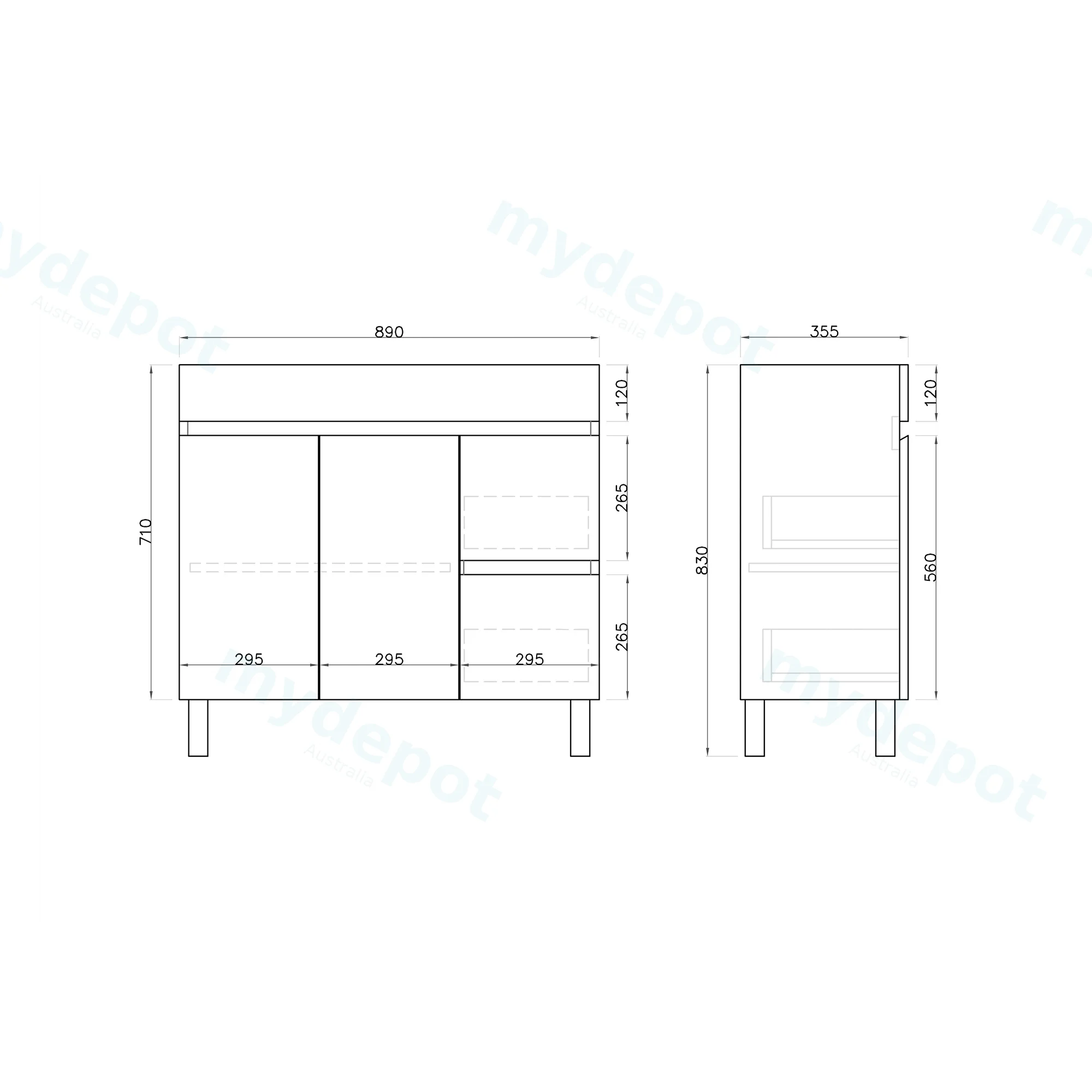 900Lx830Hx350Dmm Gloss White 2PAC MDF 2R/DW 2L/DR Freestanding Vanity view 3