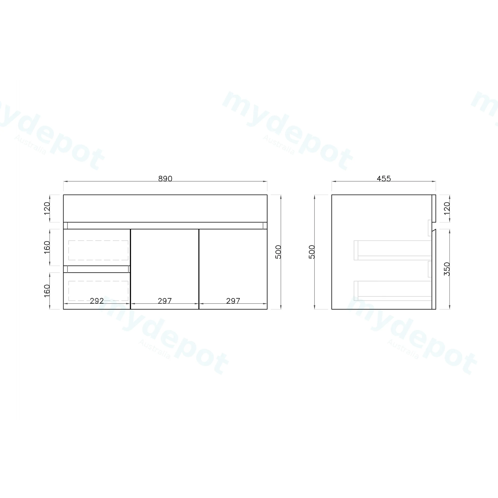 900Lx500Hx450Dmm Gloss White 2PAC MDF 2L/DW 2R/DR Wall Hung Vanity view 2