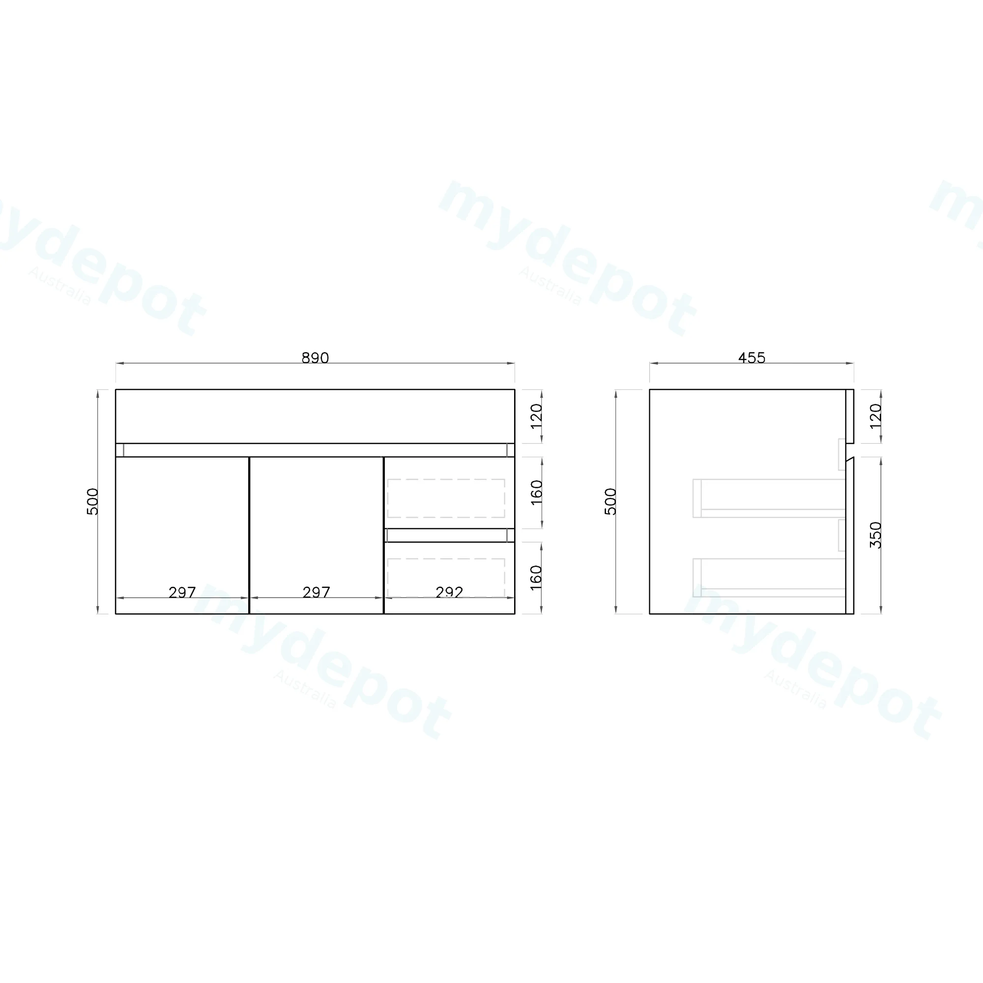 900Lx500Hx450Dmm Gloss White 2PAC MDF 2R/DW 2L/DR Wall Hung Vanity view 3