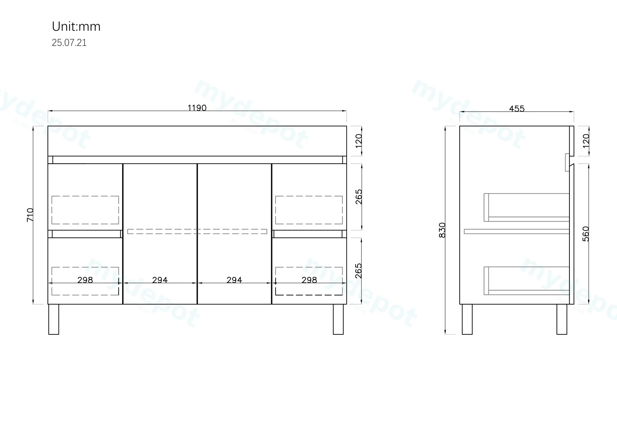 1200mm Gloss White MDF 2 Middle Doors 4 Side Drawers Freestanding Bathroom Vanity Cabinet Only view 2