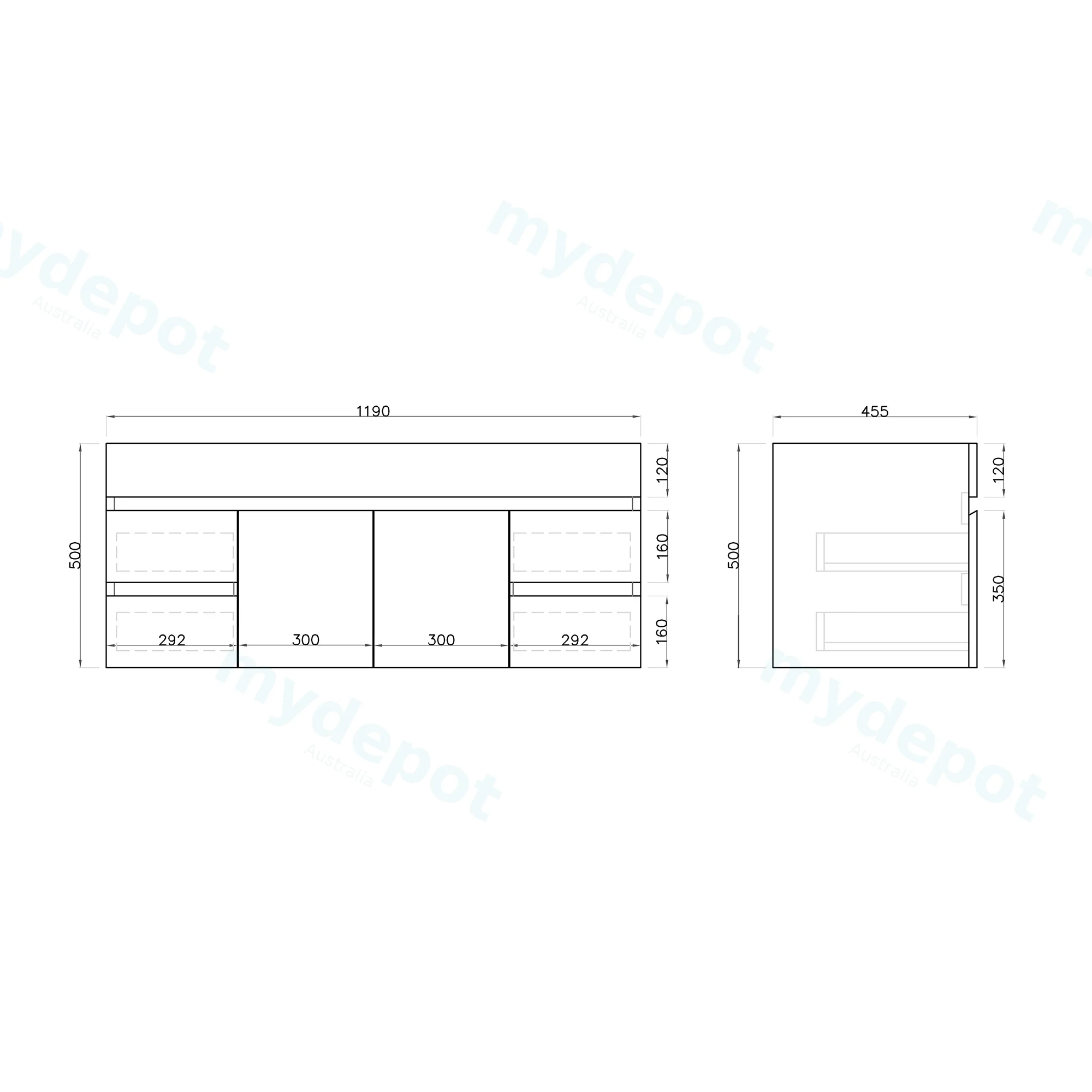   1200mm Gloss White MDF 2 Middle Doors 4 Side Drawers Wall Hung Bathroom Vanity Cabinet Only view 2