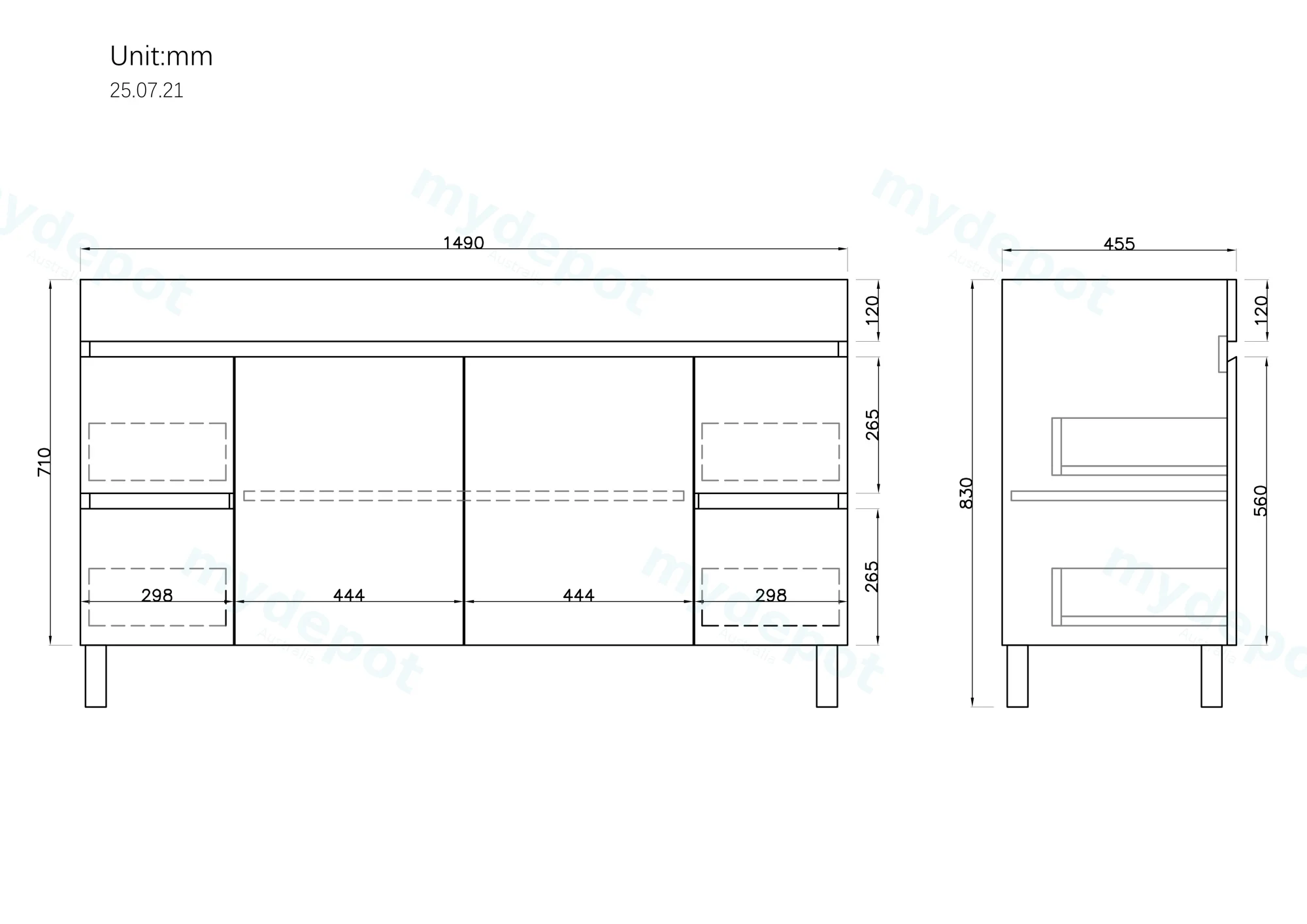 1500mm Gloss White MDF 4 Side Drawers 2 Middle Doors Freestanding Bathroom Vanity Cabinet Only view 2