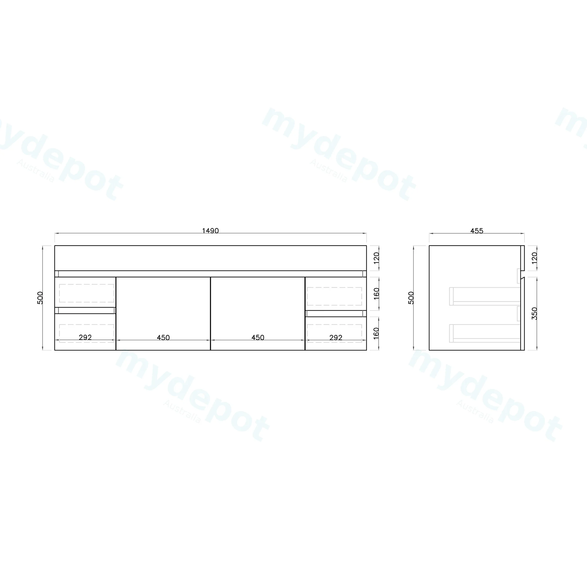 1500mm Gloss White MDF 4 Side Drawers 2 Middle Doors Wall Hung Bathroom Vanity Cabinet Only view 2