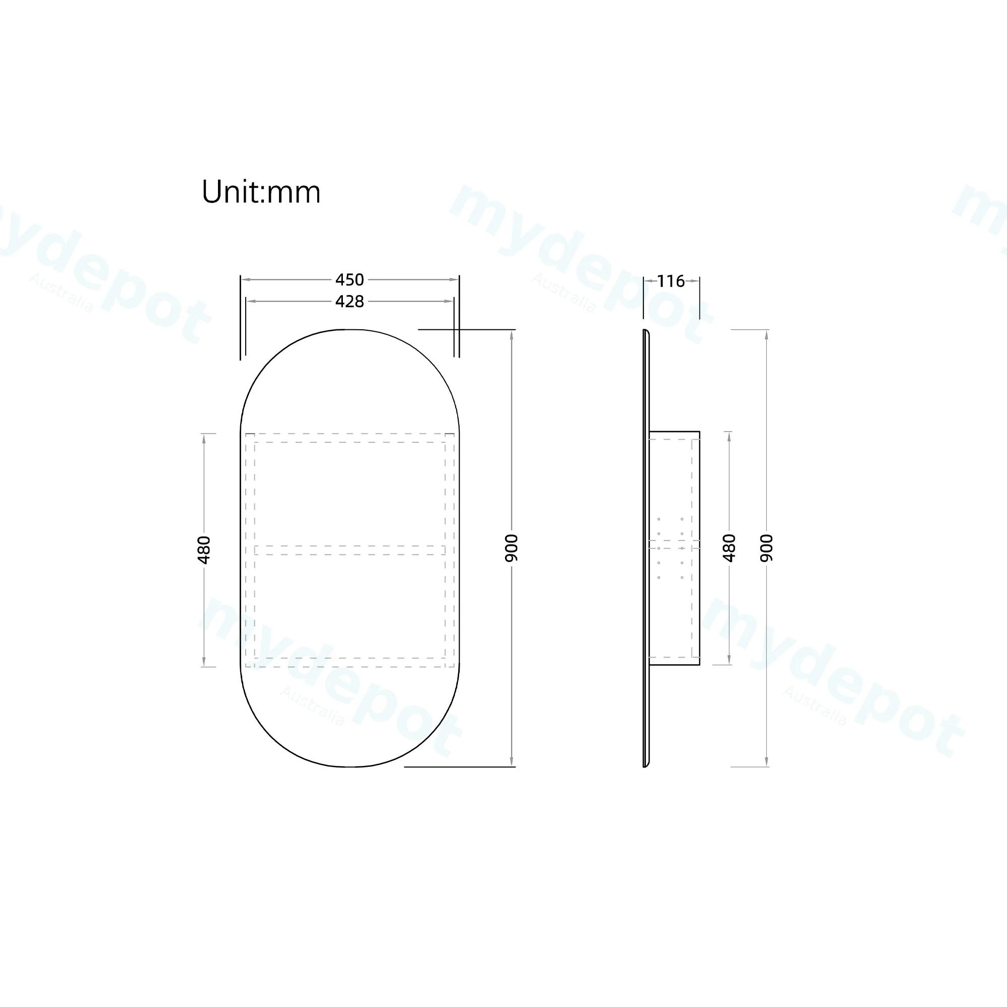 450Lx900Hx120Dmm Oval Matte Black 2PAC MDF 1 Door Shaving Cabinet view 2