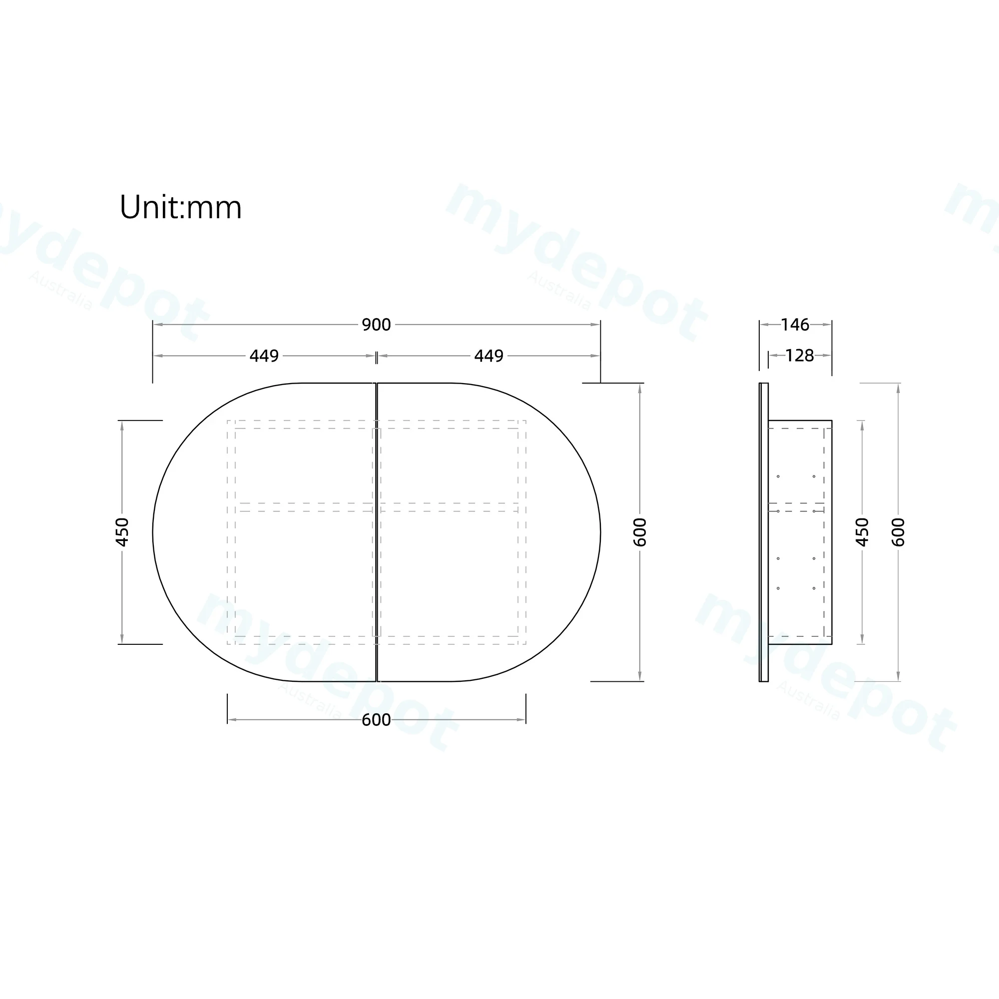 900Lx600Hx150Dmm Oval Matte White 2PAC MDF 2 Door Shaving Cabinet view 2