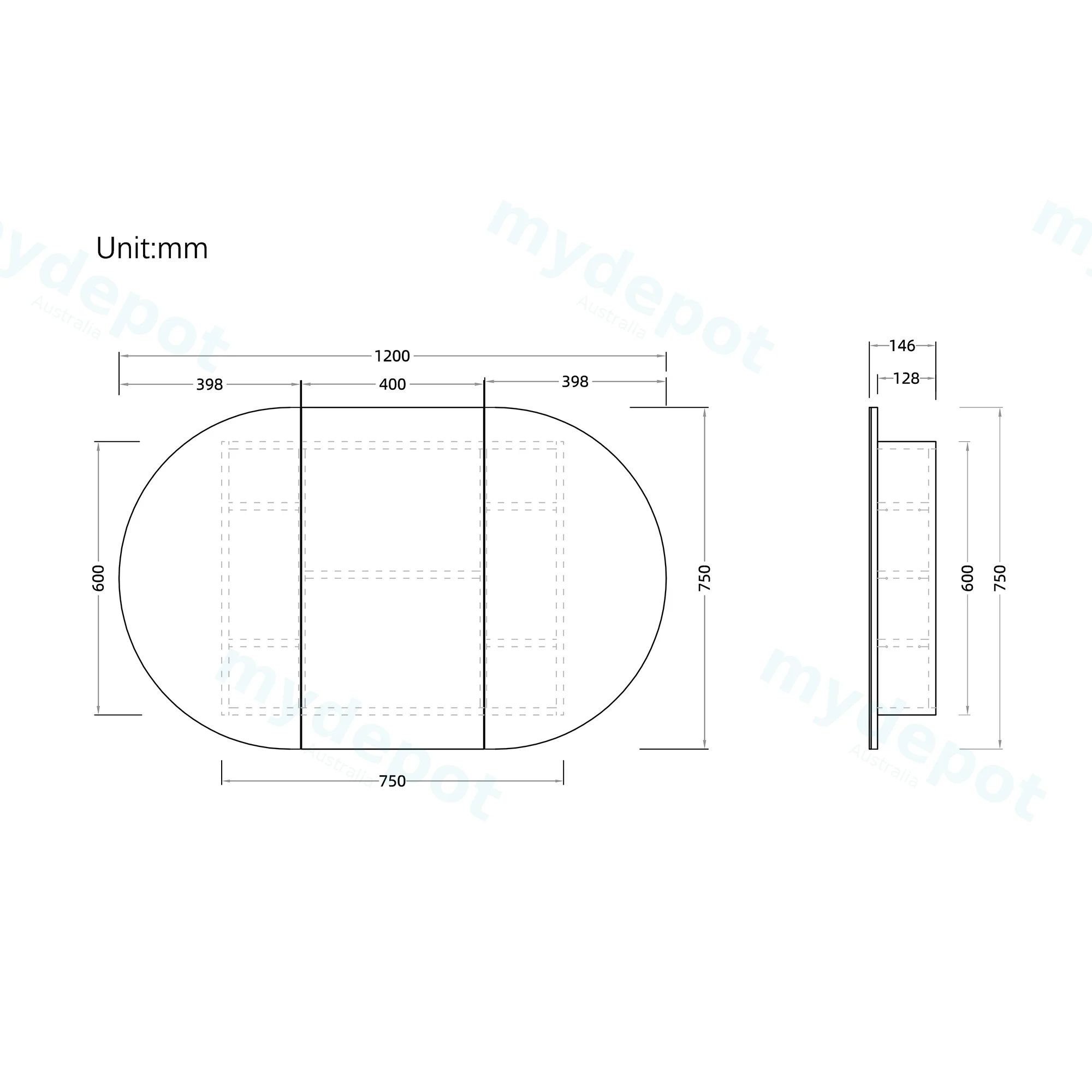 1200Lx750Hx146Dmm Oval Matte White 2PAC MDF 3 Door Shaving Cabinet view 2